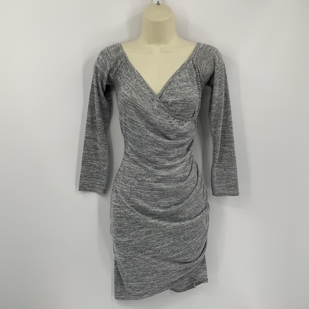 Pretty Little Thing Jersey ruched Bardot bodycon knit dress gray black new 10 M